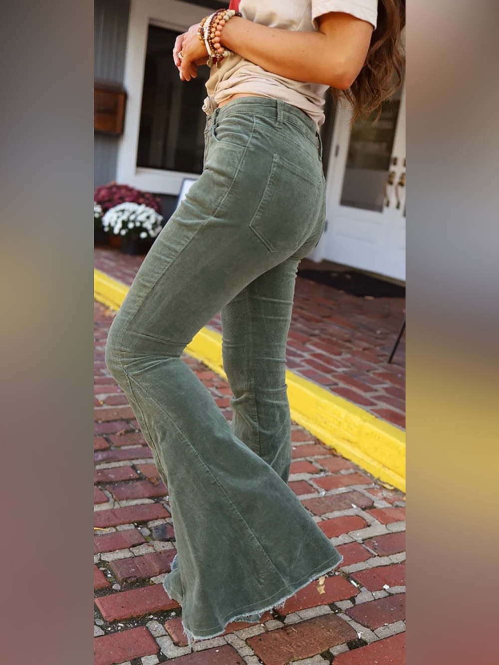 Bell bottom corduroy pants. Raw hem. Flare. Bohemian. Olive green. M. NWT - Picture 14 of 14